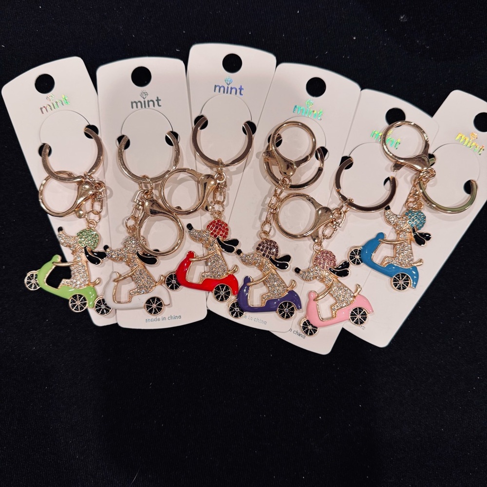 BAG CHARM Mint Gold and White Dog On Scooter Keychain - Picture 8 of 10